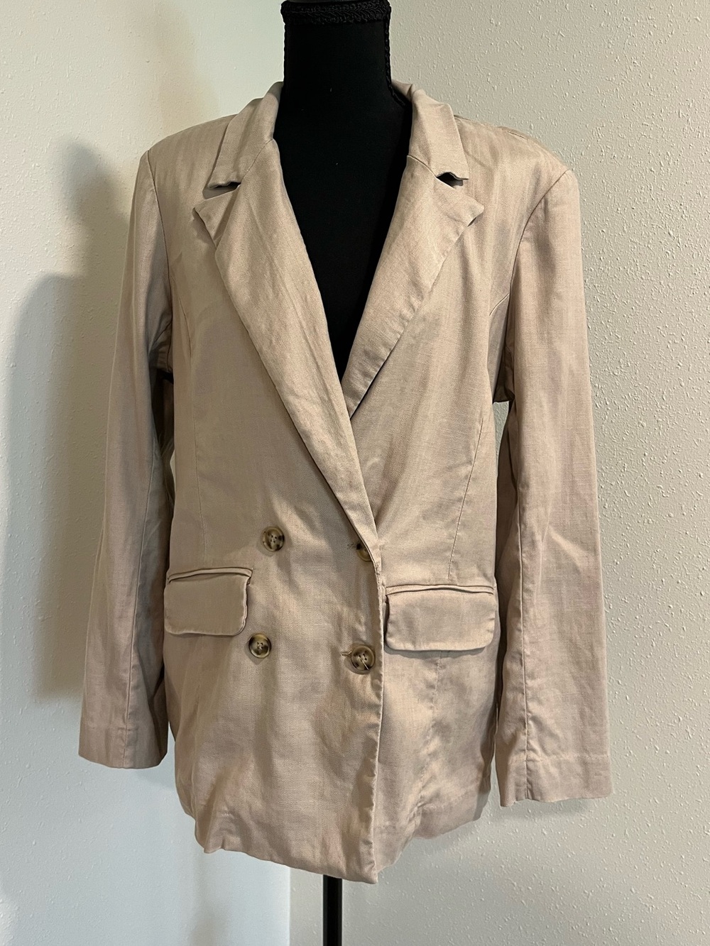 Evereve Linen Blend Taupe Double-Breasted Women's Blazer-Small